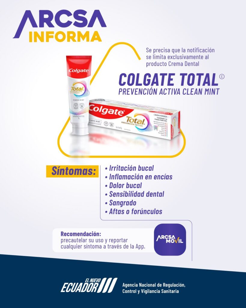 Posible riesgo asociado al consumo del producto Colgate Total Clean Mint.
